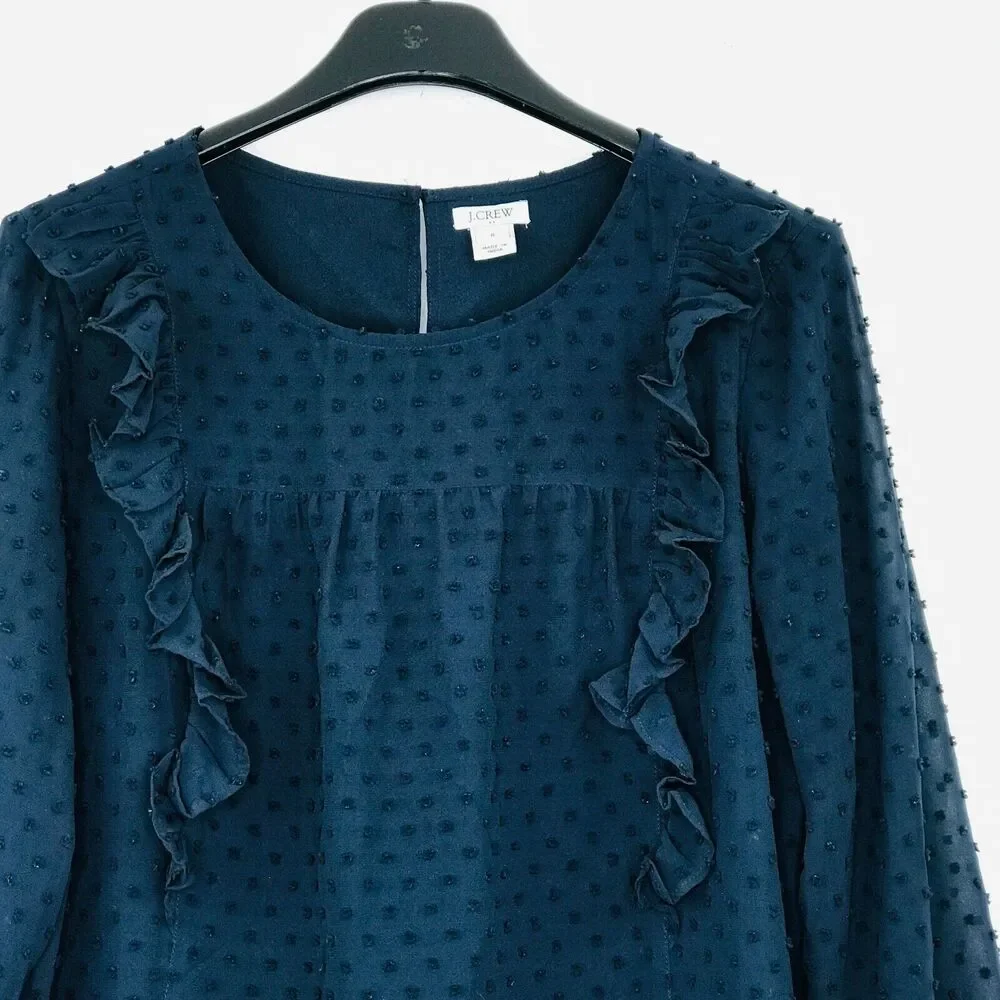 J Crew Women's 8 Blouse Blue Ruffle Front Clip Dot Swiss Long Sleeve J6918 BT7